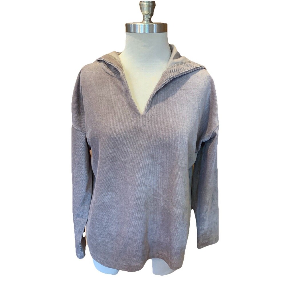 J Jill Hoodie Sweatshirt Small Petite Taupe Soft Corduroy Stretch Pullover Cozy